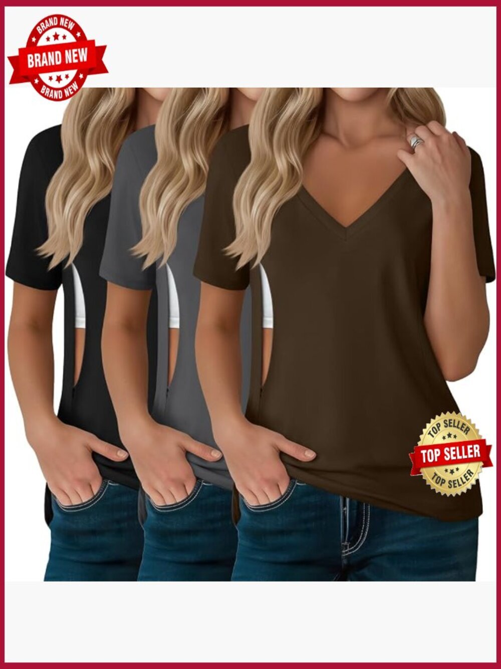 3pk Nursing Tops with Hidden Zippers for Breastfeeding V-Neck Short Sleeve